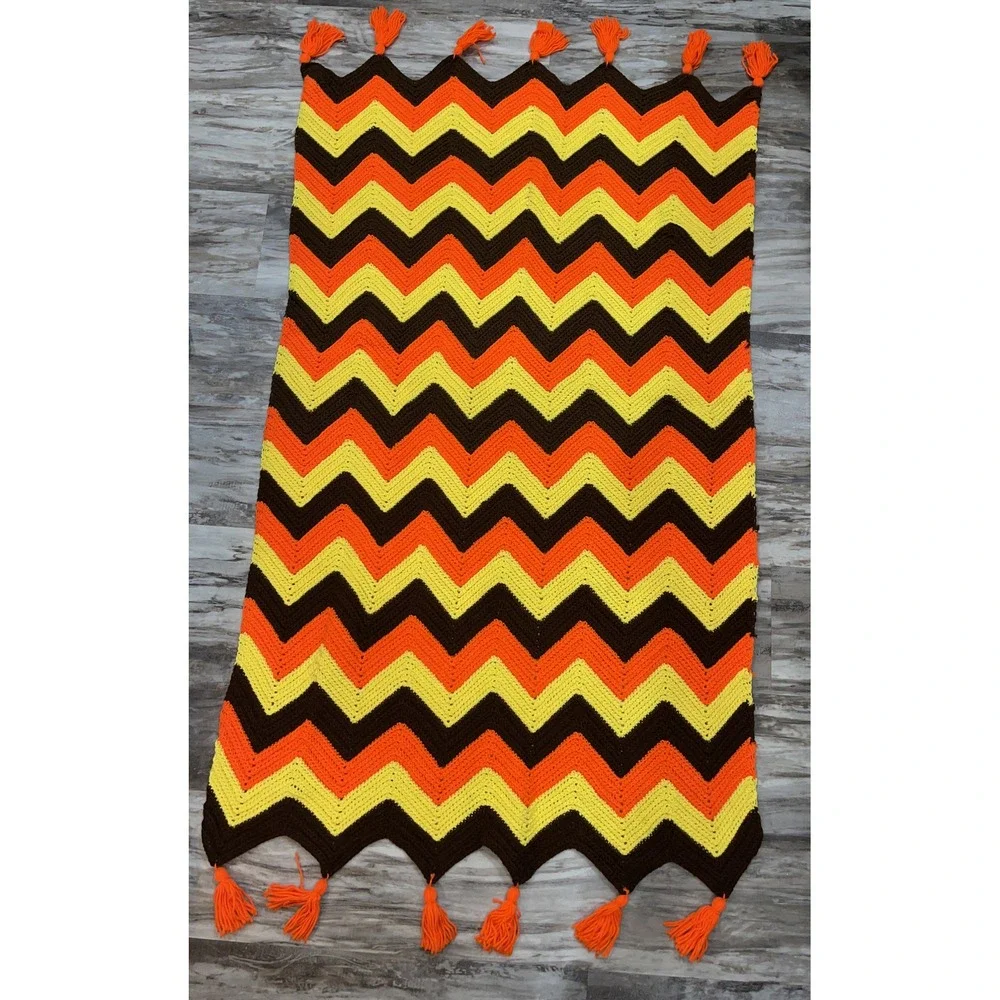VIntage Crochet Knit Afghan Throw Blanket Chevron Zigzag MCM Fall Colors Tassels